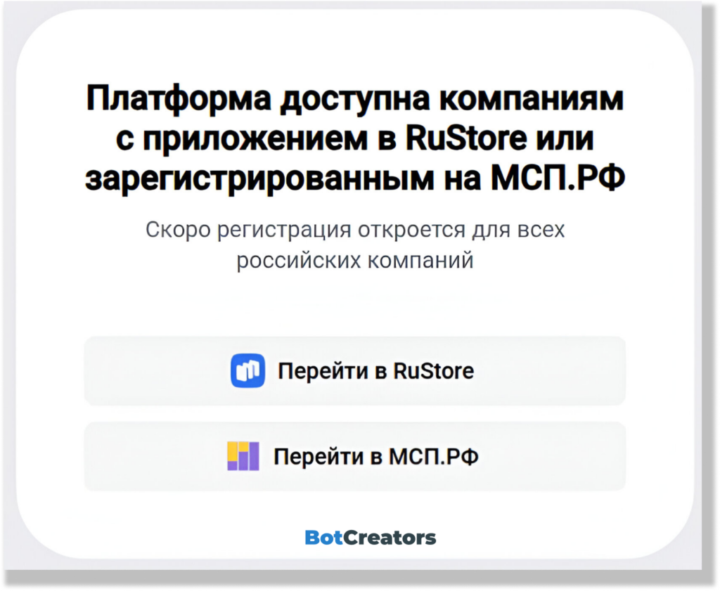 Здесь показывается доступ компаниям через RuStore или МСП.РФ